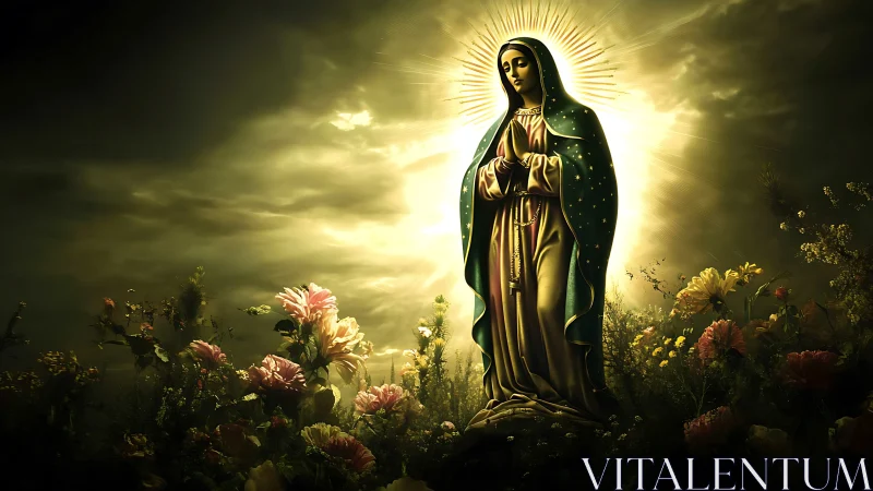 Luminous robed statue in radial backlight over floral foreground.