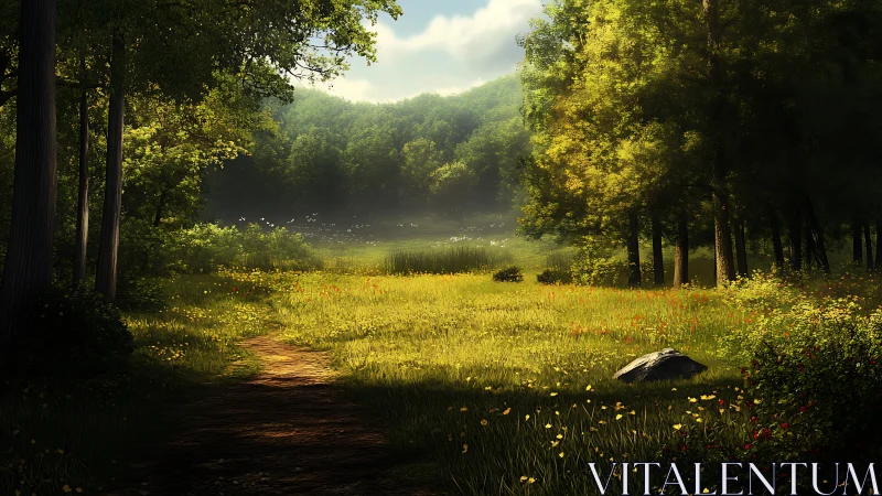 Sunlit forest clearing with meadow, water body visible through trees.