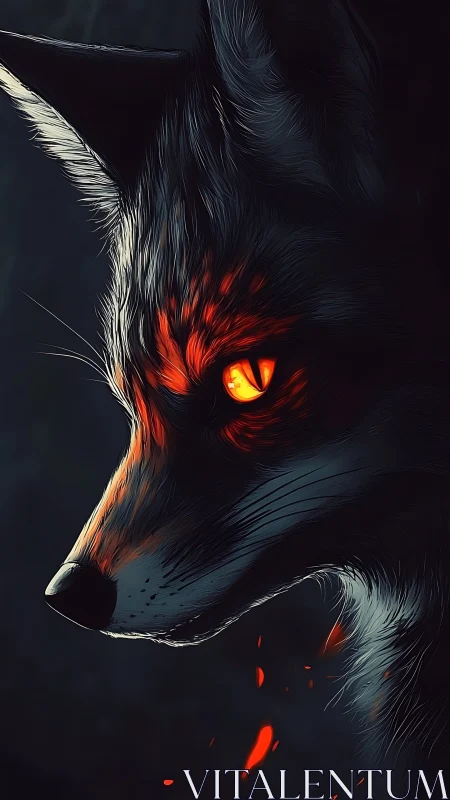 Fox portrait shows glowing orange eye and ember-like fur highlights