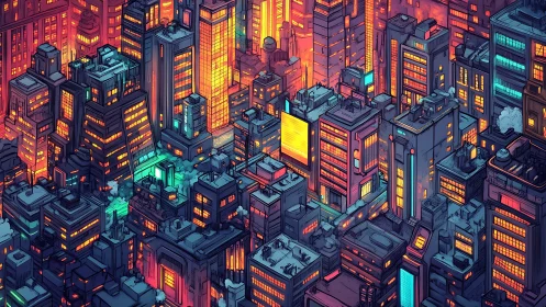 Cyberpunk isometric neon skyline with dense vertical grids.
