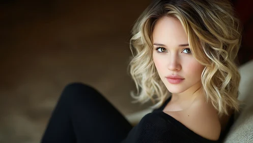 Soft-lit gaze and tousled blonde curls in quiet focus.