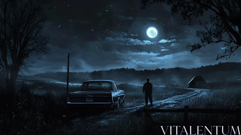 Man, parked car and moonlit rural landscape at night.