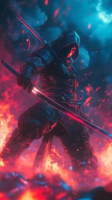 Hooded cyber ninja dominates inferno with twin katanas.