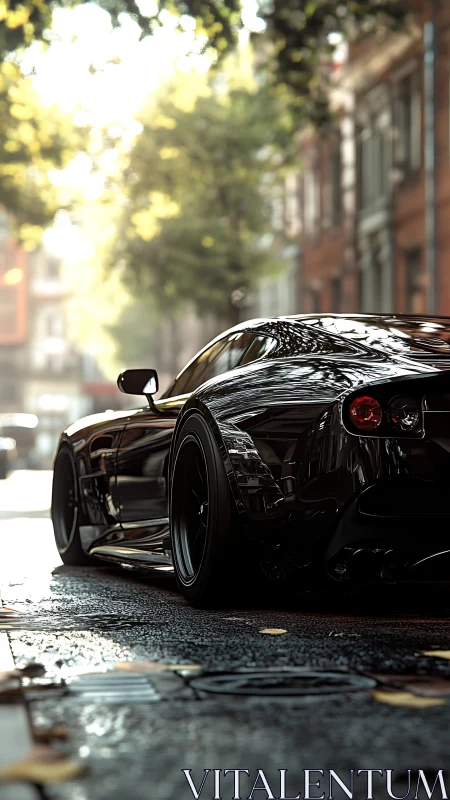 Low-slung black supercar on wet city street at sunrise.