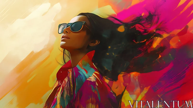 Confident woman in sunglasses embraces vivid abstract light