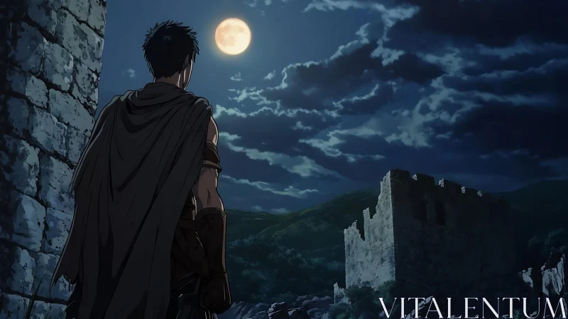 Lone warrior studies moonlit ruins under brooding sky.