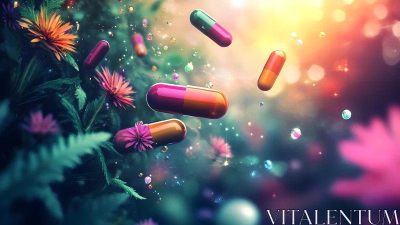 Vibrant Capsules Floating Among Flowers in Surreal Dreamlike Light.