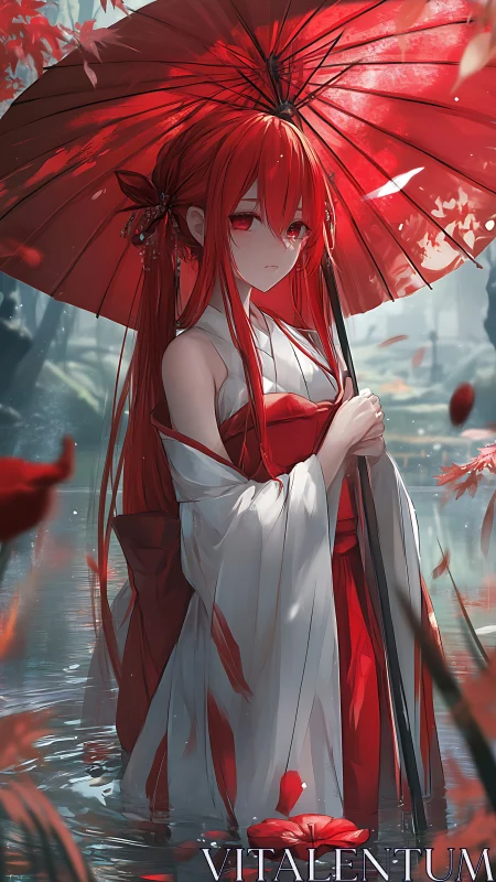 Scarlet kimono girl under parasol in reflective water garden.