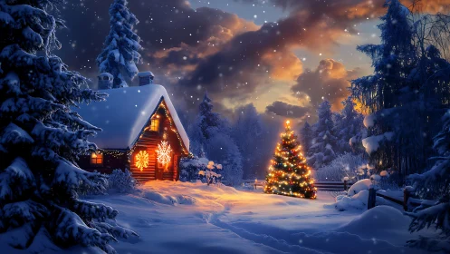 Snow-covered cabin stands near illuminated outdoor tree