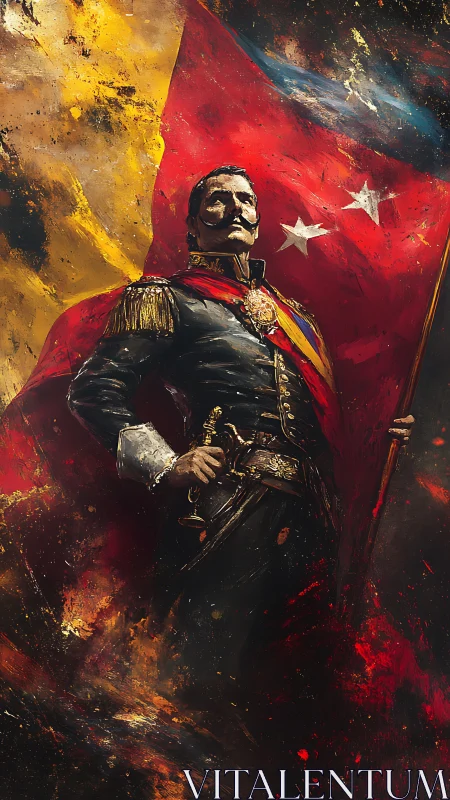 Heroic military officer stands before torn national flag