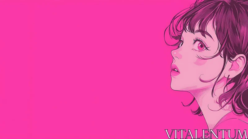 Side profile anime girl gazes upward against neon pink