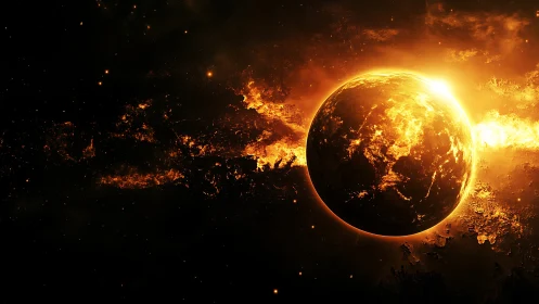 Burning planet engulfed by cosmic fire in deep space.