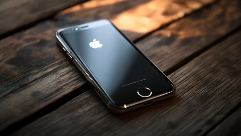 Midnight iPhone rests upon weathered wood, gleaming with untold digital secrets.