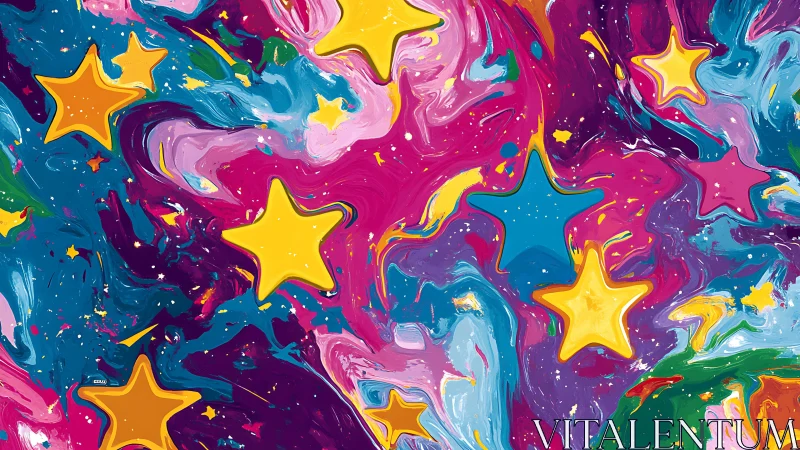 Star-shaped confetti sails brightly through a neon painted cosmos