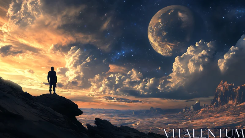 Silhouetted explorer surveys alien desert under massive ringed planet