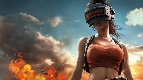 VR warrior girl strolling through stormy digital skies.