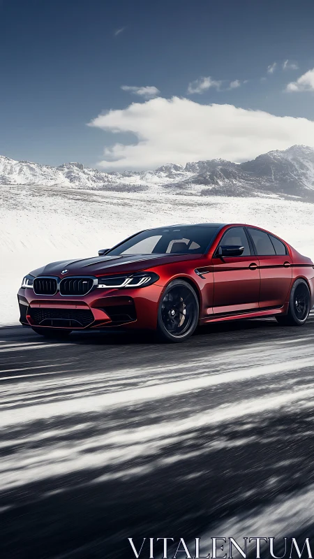 Red performance sedan driving on snowy mountain highway.