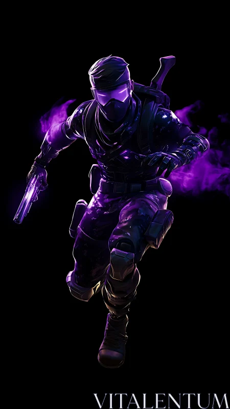 Stealth cyber soldier with glowing purple tactical gear.