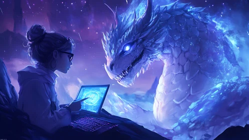 Digital sorcerer codes luminous ice dragon in neon void.