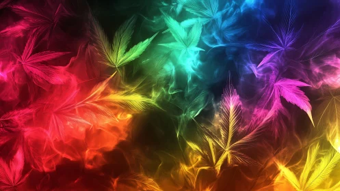 Spectral gradient cannabis leaves in luminous fractal smoke field