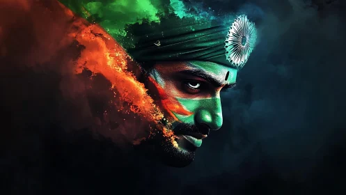 Digital painting portrait with tricolor dispersion and emblem focus.