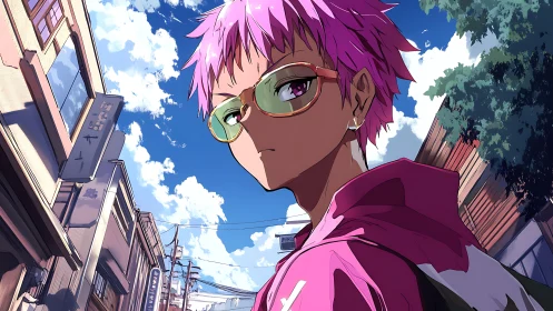 Pink haired character with glasses in urban street scene.