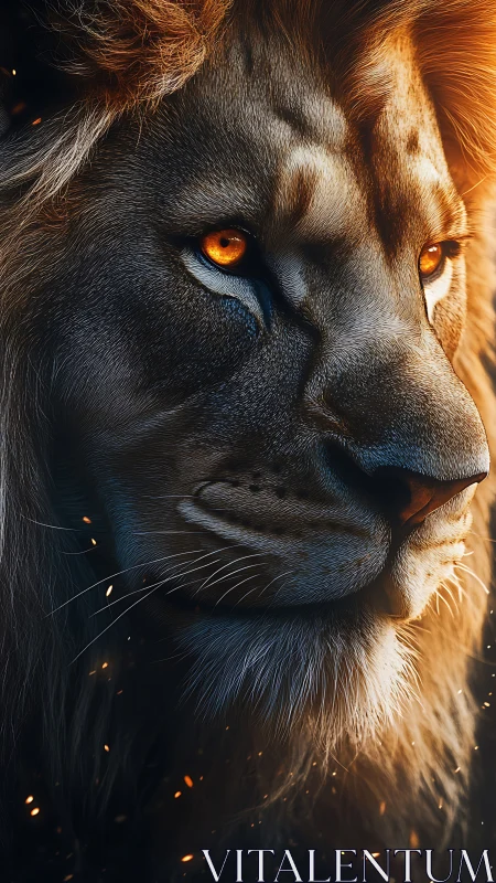 High-detail lion portrait with cinematic lighting and ember effects