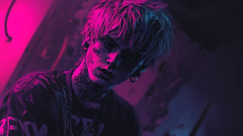 Neon punk portrait under magenta and blue street glow.