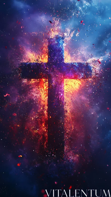 Cosmic ember cross ignites in a storm of sacred stardust.