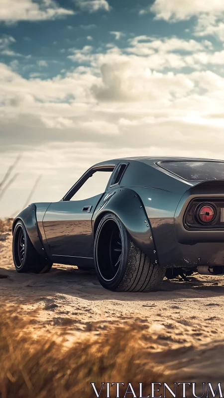 Photorealistic widebody classic coupe on coastal sandscape.