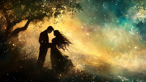 Silhouetted Couple Embracing Under Golden Enchanted Tree.
