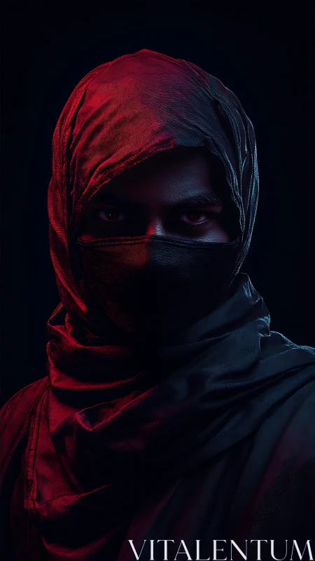 Hooded masked figure in dramatic red and blue lighting.