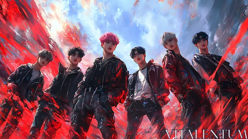 Bold friends stand united in a storm of electric red energy