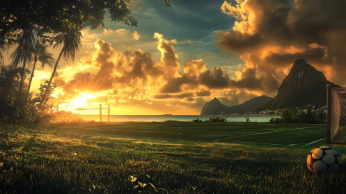 Sunlit tropical soccer field overlooks dramatic coastal mountains