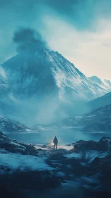 Lone wanderer with lantern below a brooding frozen colossus.
