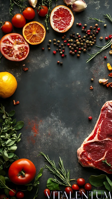 Raw steak and assorted produce arranged around dark surface