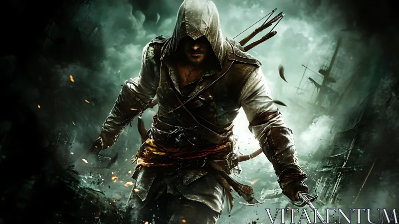 Hooded armed figure advancing through smoke and debris.