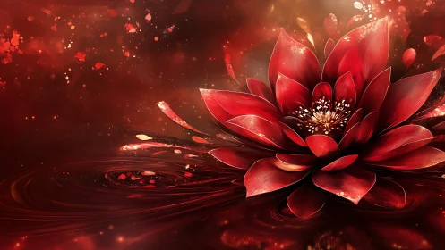 Red digital lotus flower over swirling reflective surface.