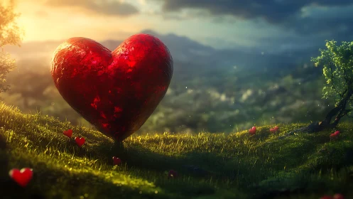 Giant Heart Glowing in Golden Valley Landscape.