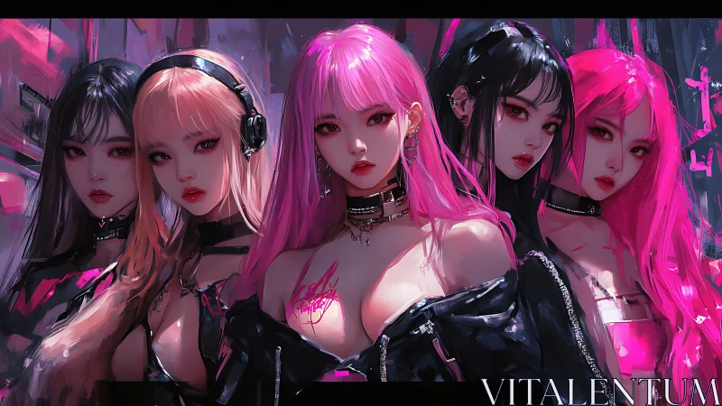 Neon night girl squad glowing with bold cyber attitude.