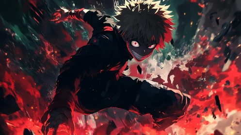 Explosive anime combat figure amid volatile red energy field.