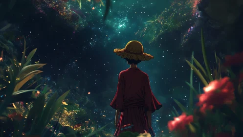 Stargazing wanderer in a lush, glowing midnight garden