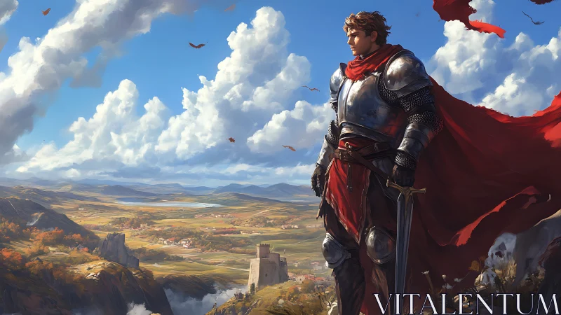 Knight in polished armor surveys bright rural valley