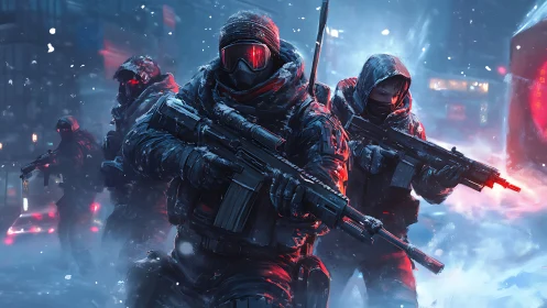 Digital painting of tactical squad in neon blizzard haze.