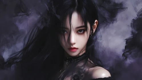 Dark-haired digital portrait of woman in smoky void.