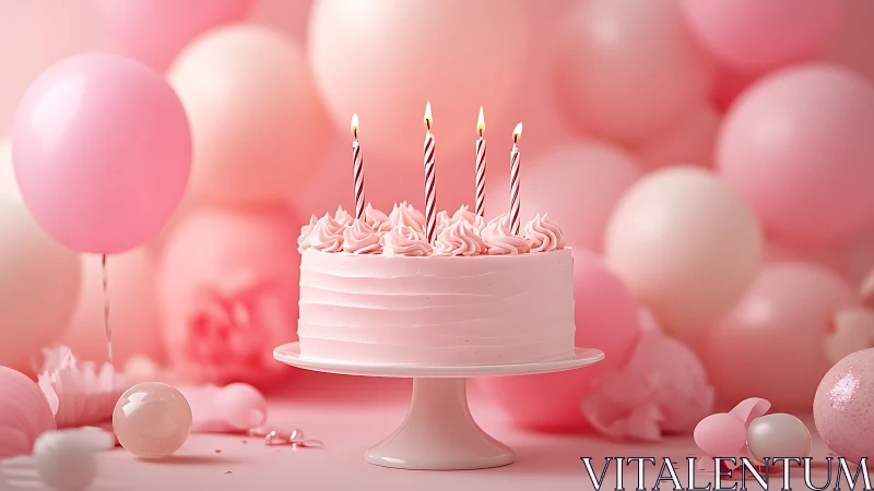 Pink Birthday Cake with Candles on Pedestal Stand