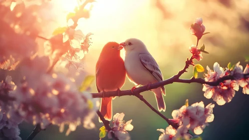 Two Birds on Branch with Spring Blossoms.