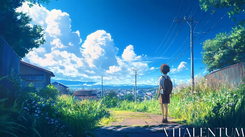 Summer hillside view with schoolchild under towering clouds.