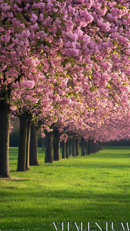Row of pink blossoming trees over green spring meadow.