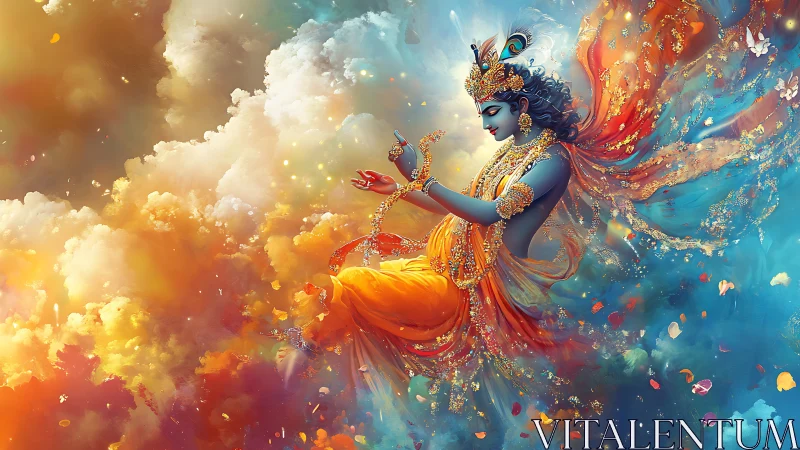 Celestial blue deity in orange robes amid prismatic clouds